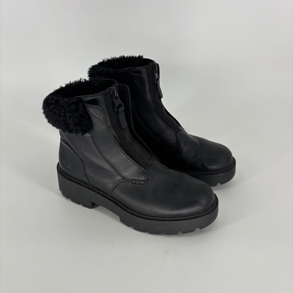 UGG Czeriesa Boots Black Women Size 6.5 Leather Waterproof Front Zip Lug Sole